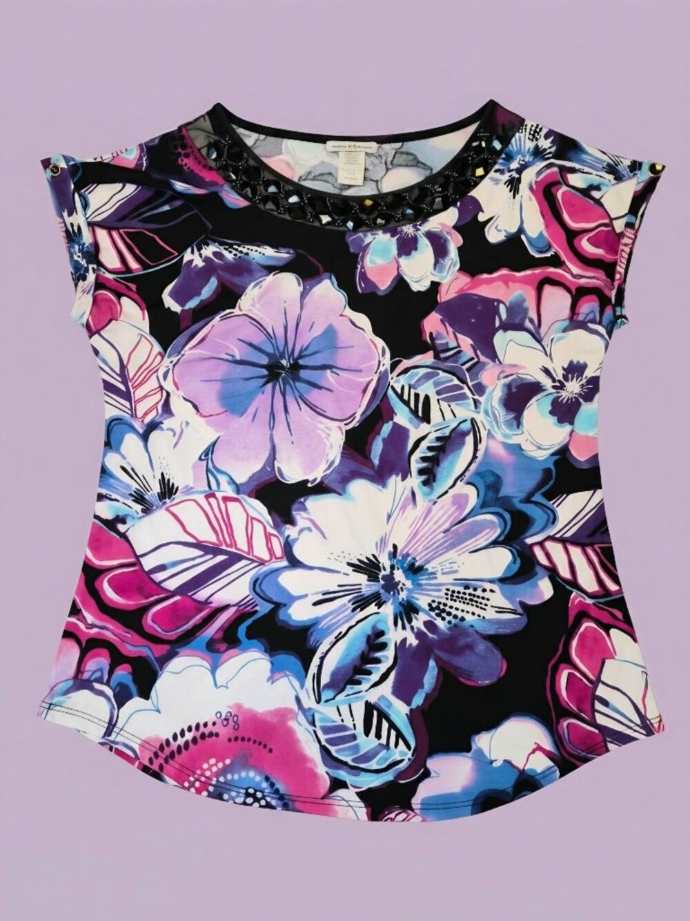 Y2K 2010 Bleeker McDougal Floral Beaded Pink Purple Blue Cap Sleeve Blouse EUC